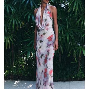 Zara printed halter Backless Floral Dress in Pink and White